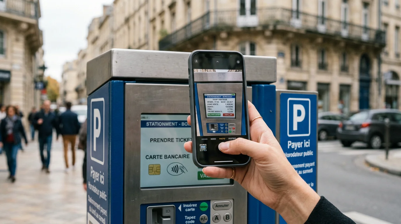 Automobiliste photographiant un horodateur pour constituer une preuve de stationnement