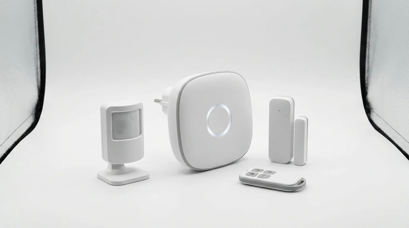 Composants d'un système d'alarme WiFi sans fil : centrale, détecteur de mouvement, capteur d'ouverture et télécommande