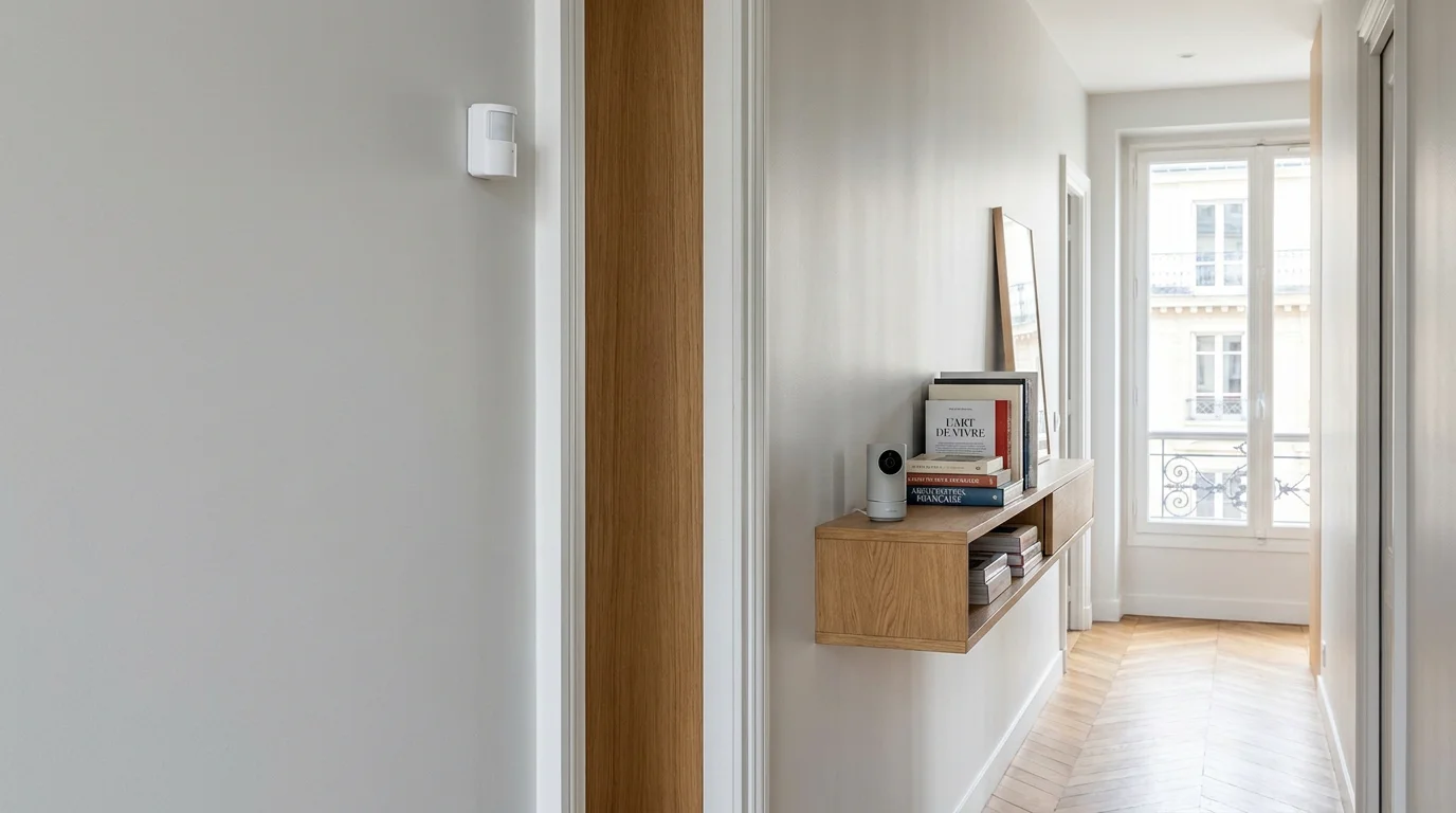Détecteur de mouvement et caméra de surveillance installés dans le couloir d'un logement