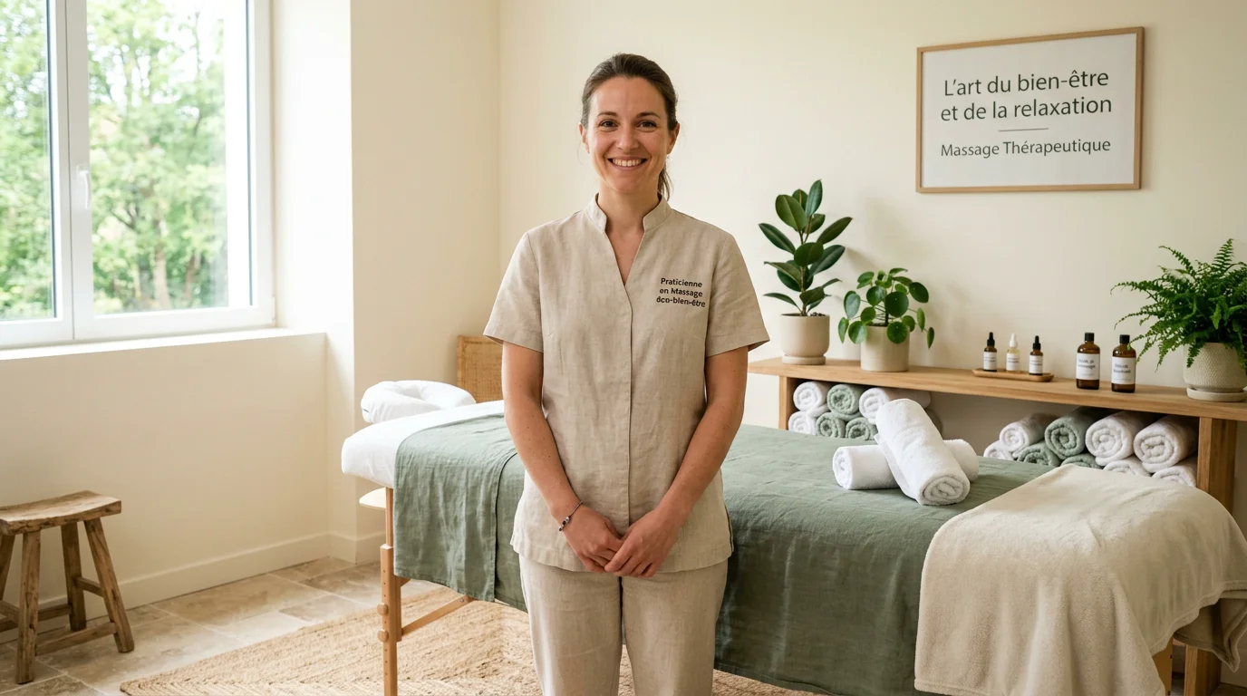 Masseuse professionnelle dans son cabinet de bien-être lumineux