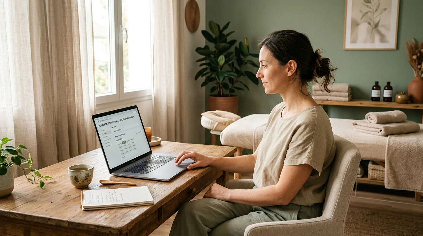 Masseuse consultant sa présence en ligne dans un cabinet lumineux