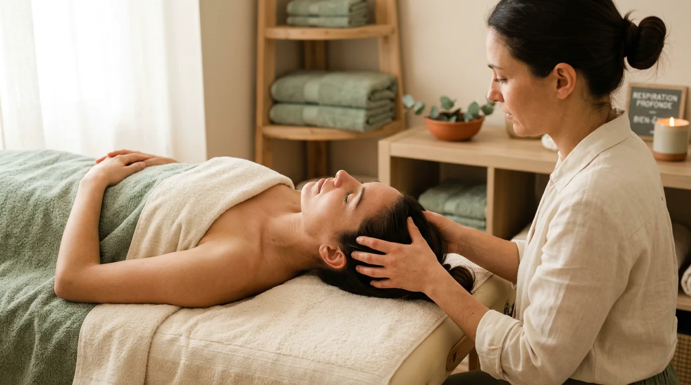 Praticienne réalisant un soin de tête relaxant sur une cliente