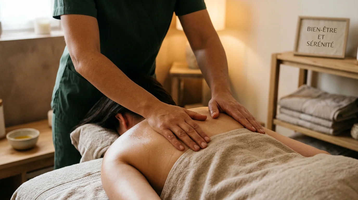 Mains expertes d'un praticien réalisant un massage du dos dans une ambiance sereine
