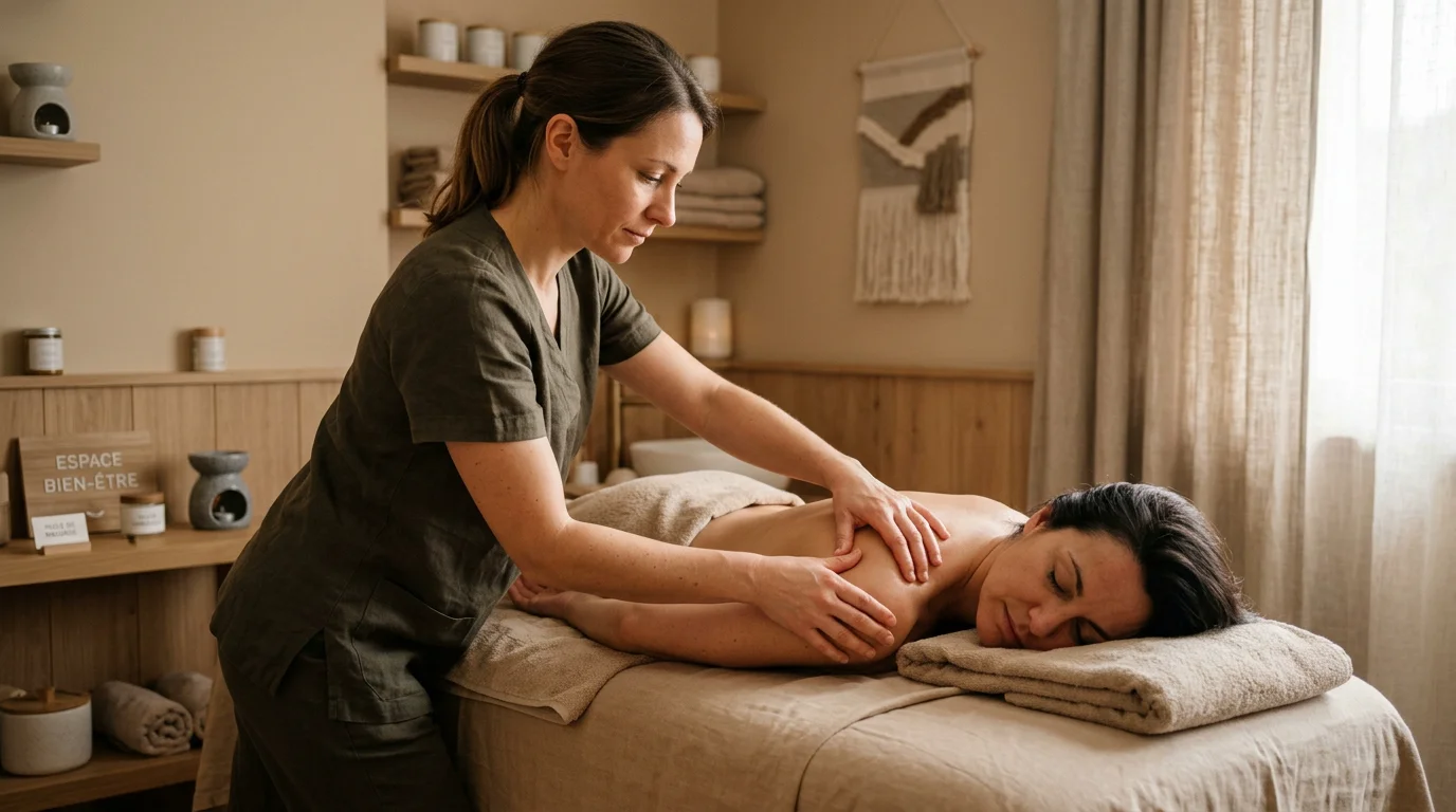 Praticienne ajustant la pression de ses mains lors d'un massage des épaules