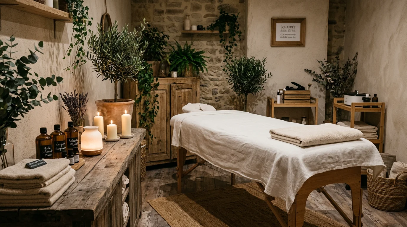 Cabine de massage à l'ambiance apaisante avec bougies et huiles essentielles