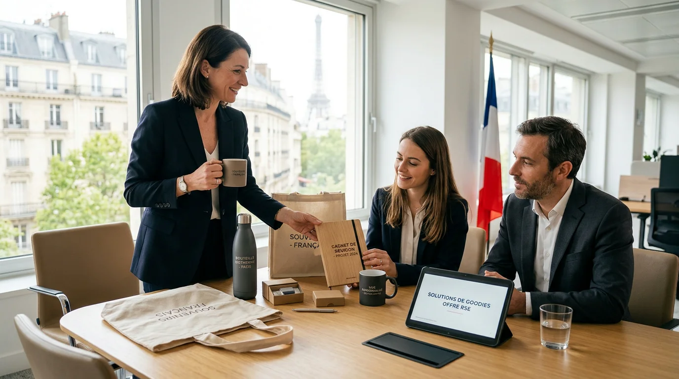 Conseillère présentant des objets publicitaires personnalisés à des clients professionnels
