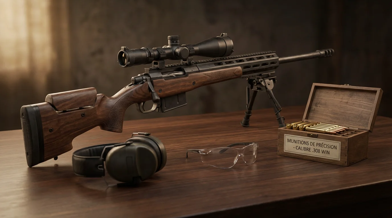 Carabine semi-automatique de précision avec accessoires de tir sur table en bois