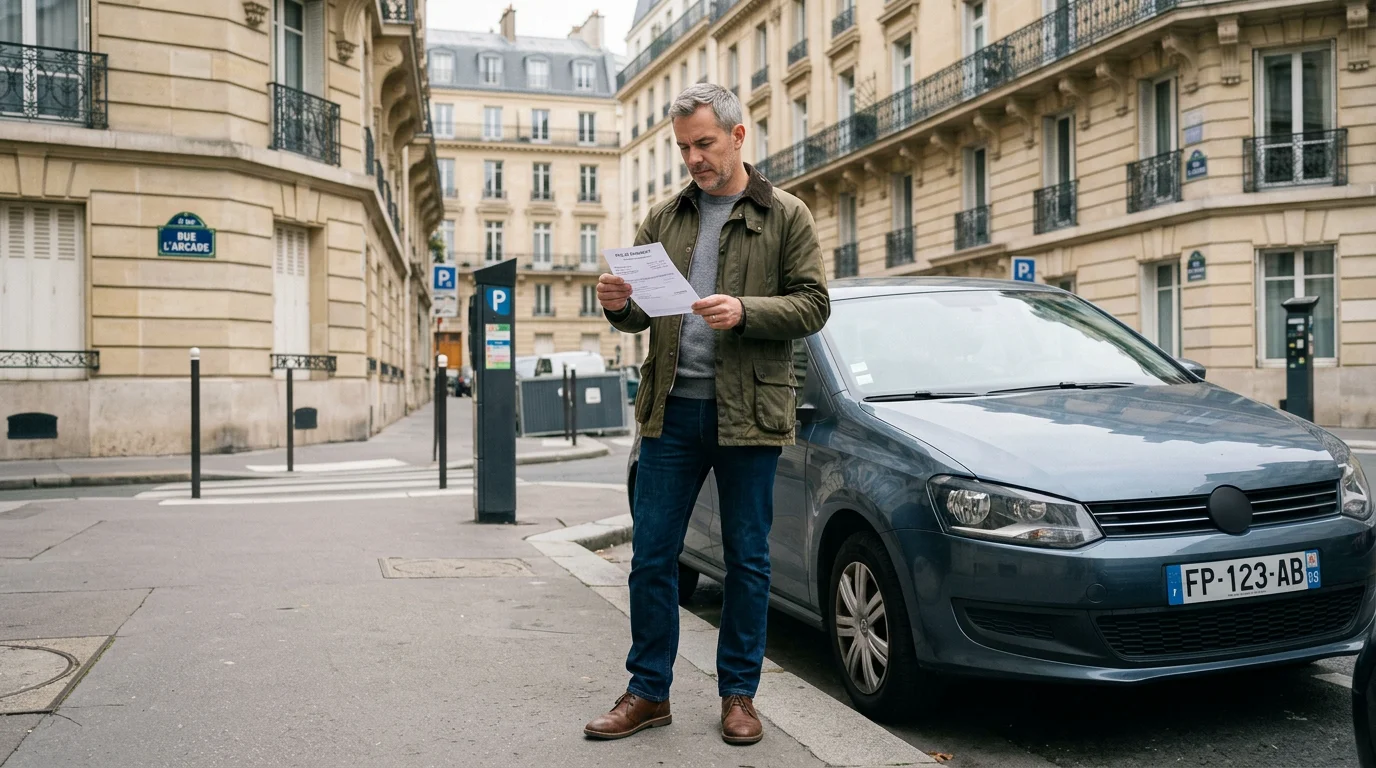 Automobiliste européen vérifiant les délais de contestation d'un forfait post-stationnement
