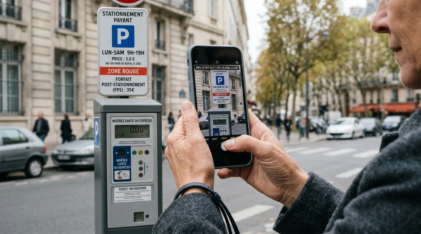 Personne photographiant un horodateur pour constituer une preuve de stationnement horodatée