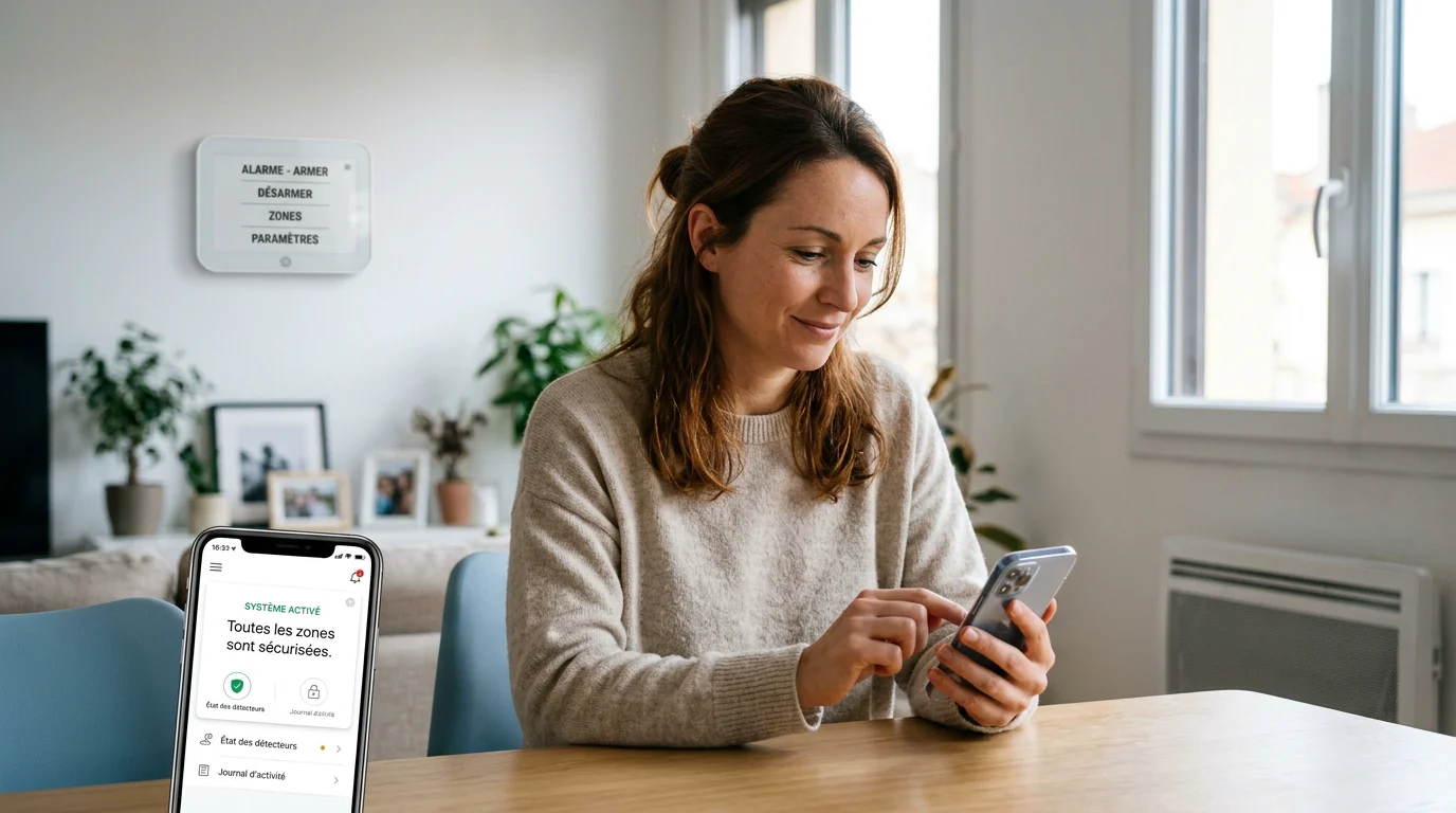 Personne pilotant son alarme connectée depuis une application mobile à domicile