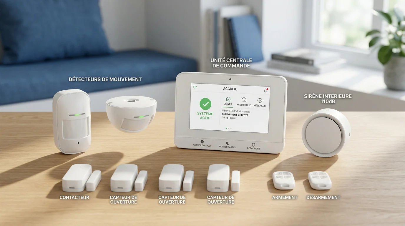 Composants d'un kit d'alarme sans fil connecté disposés sur une surface claire