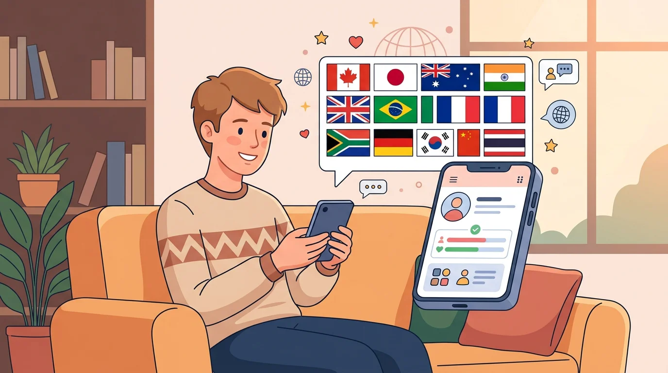 Person playing a world flag quiz on a phone with flags floating around