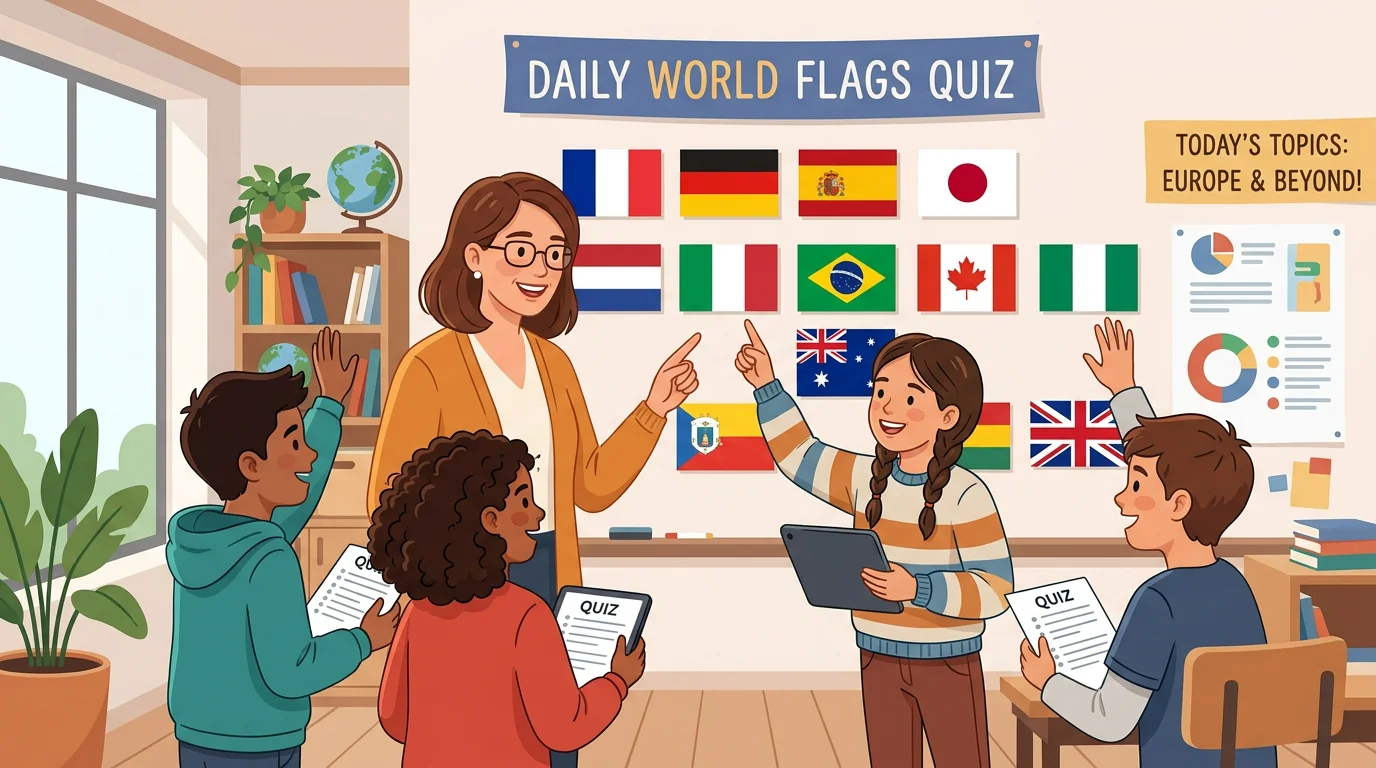 Teacher and students doing a short daily flag quiz in a classroom