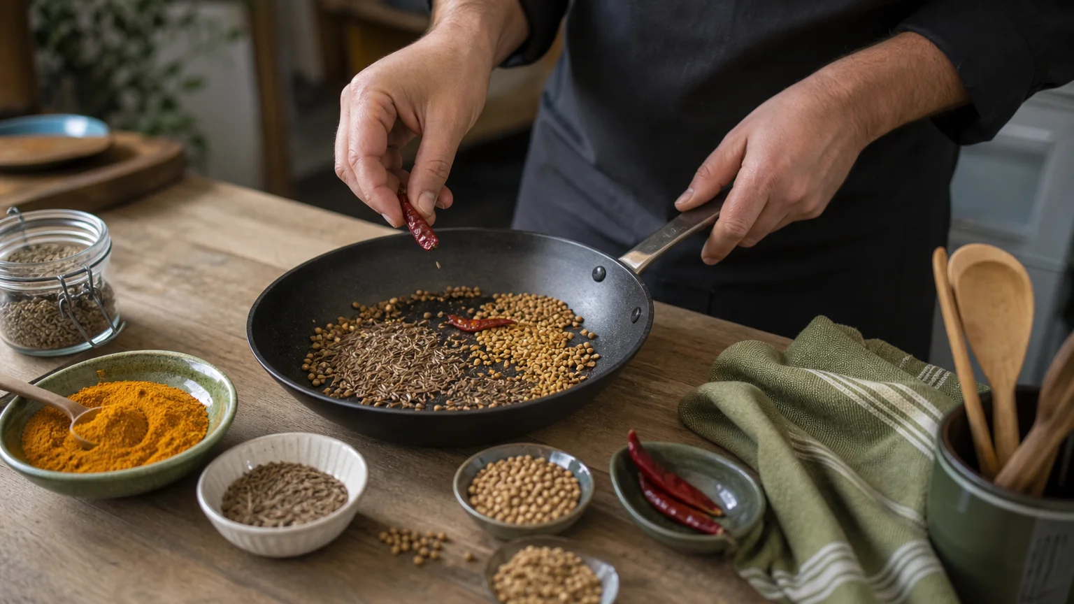 Préparation d’un mélange de curry indien fort avec des épices entières