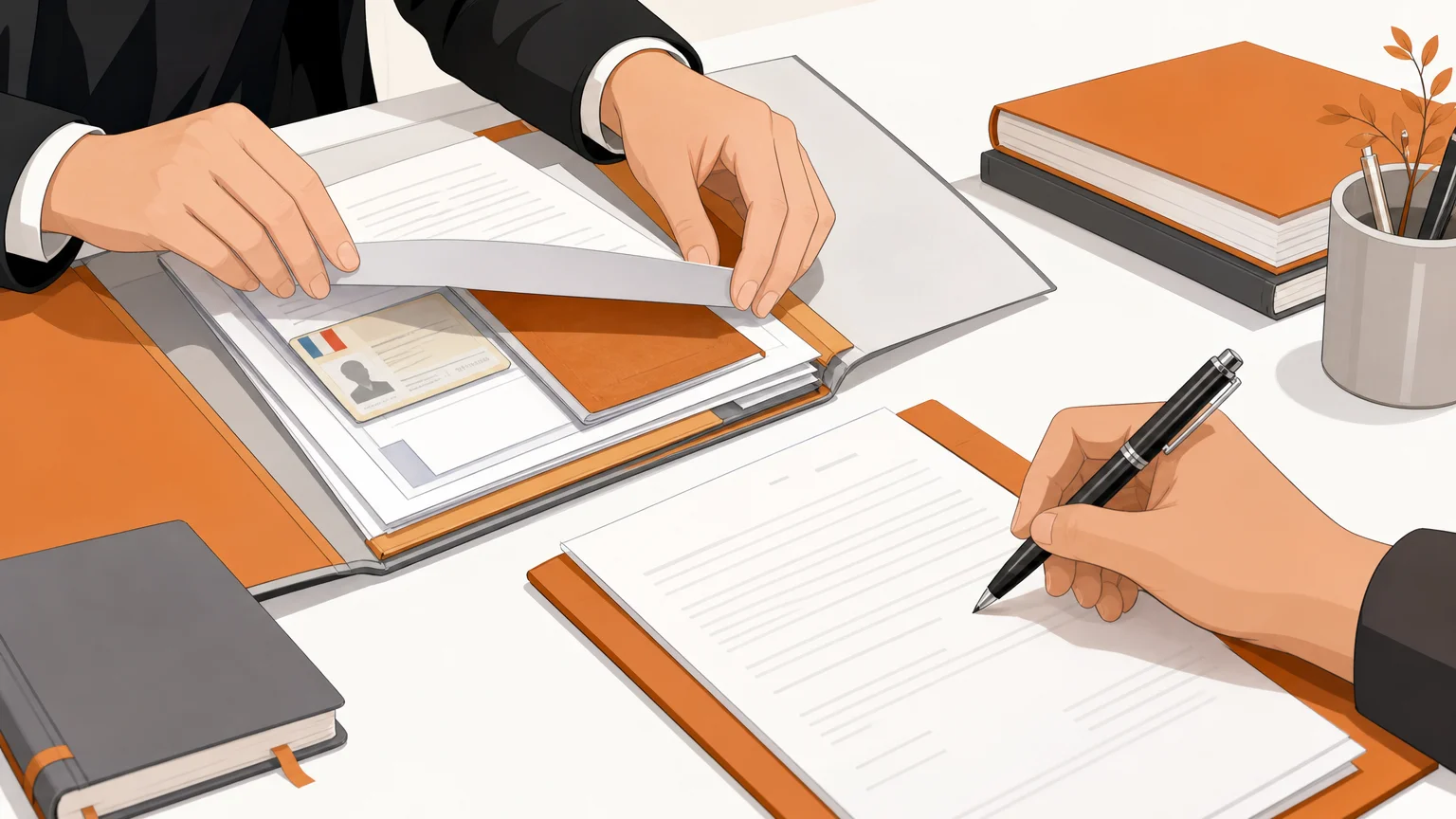 Gros plan illustré de mains préparant et signant un dossier juridique, avec des documents non lisibles.