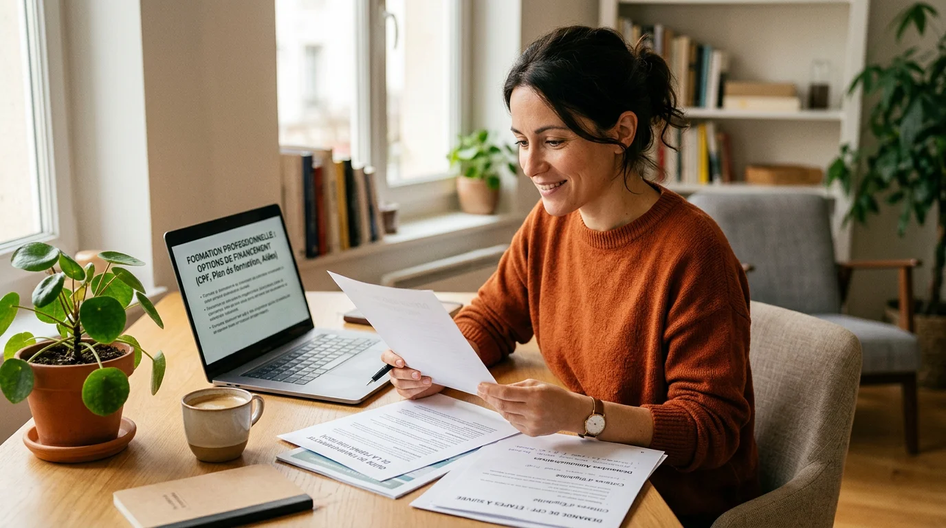 Personne étudiant les options de financement d'une formation massage à son bureau