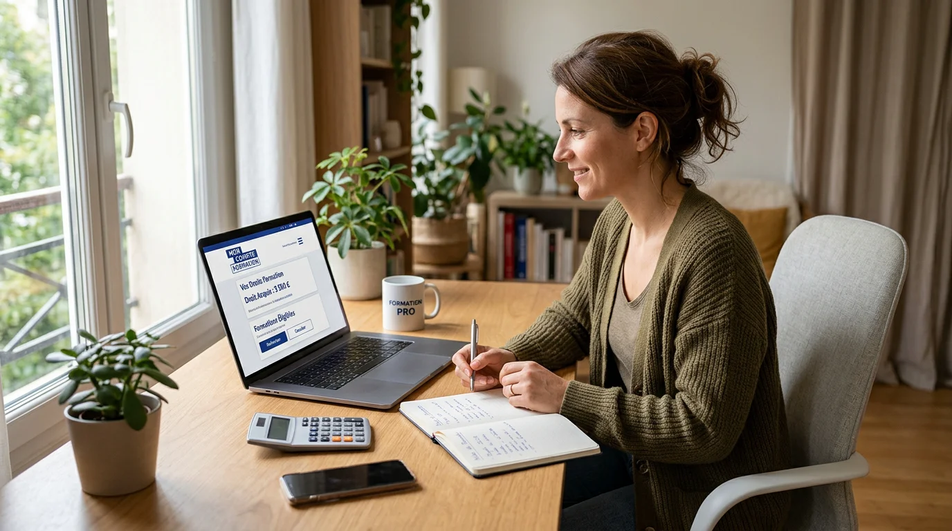 Personne comparant les dispositifs de financement de formation sur un ordinateur portable