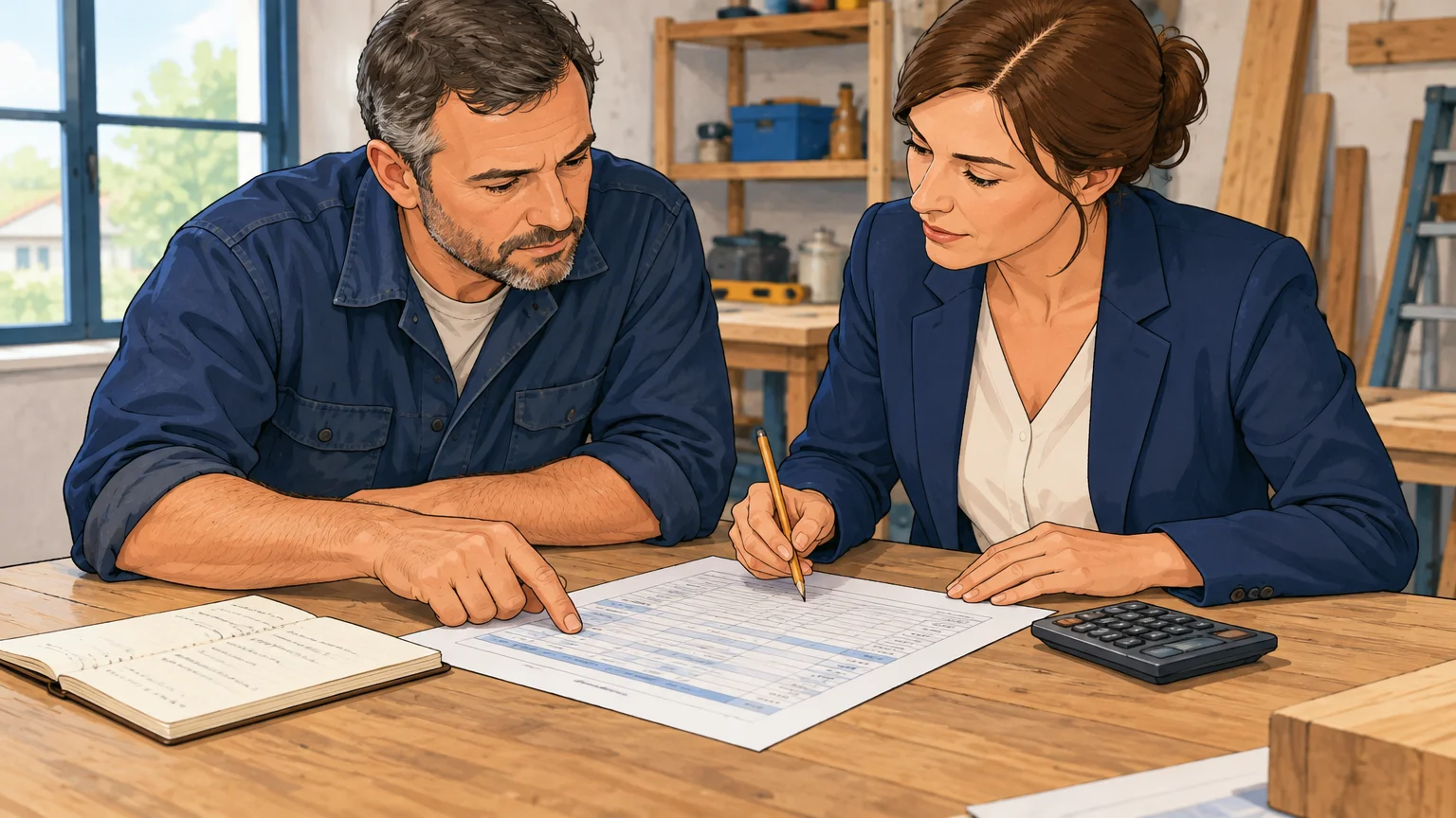 Un dirigeant et une conseillère analysent le coût d’un chantier