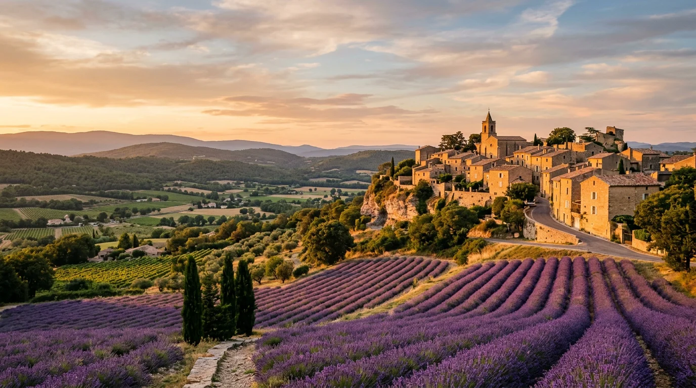 Village perché du Luberon entouré de champs de lavande au coucher du soleil