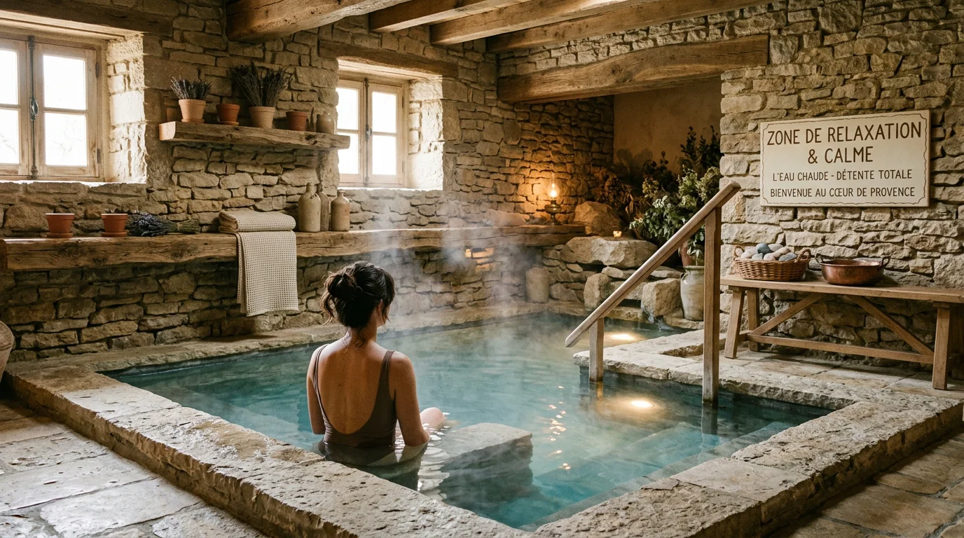 Bassin de balnéothérapie chaleureux dans un spa d'inspiration provençale