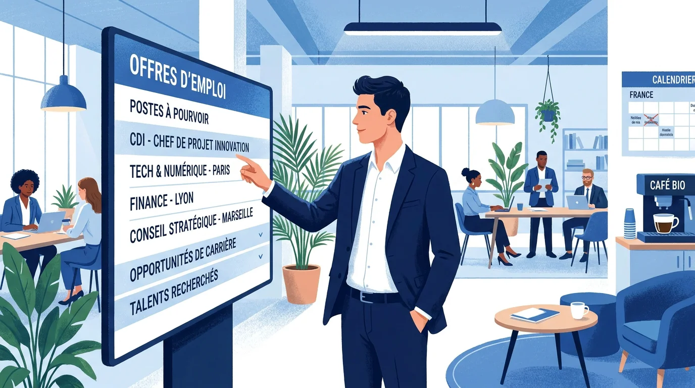 Jeune professionnel recherchant des offres d'alternance sur un écran numérique dans un espace de coworking en France