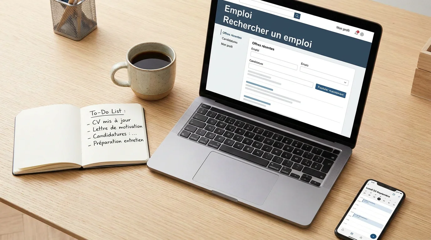 Bureau organisé avec ordinateur portable affichant une recherche d'offres d'alternance en communication