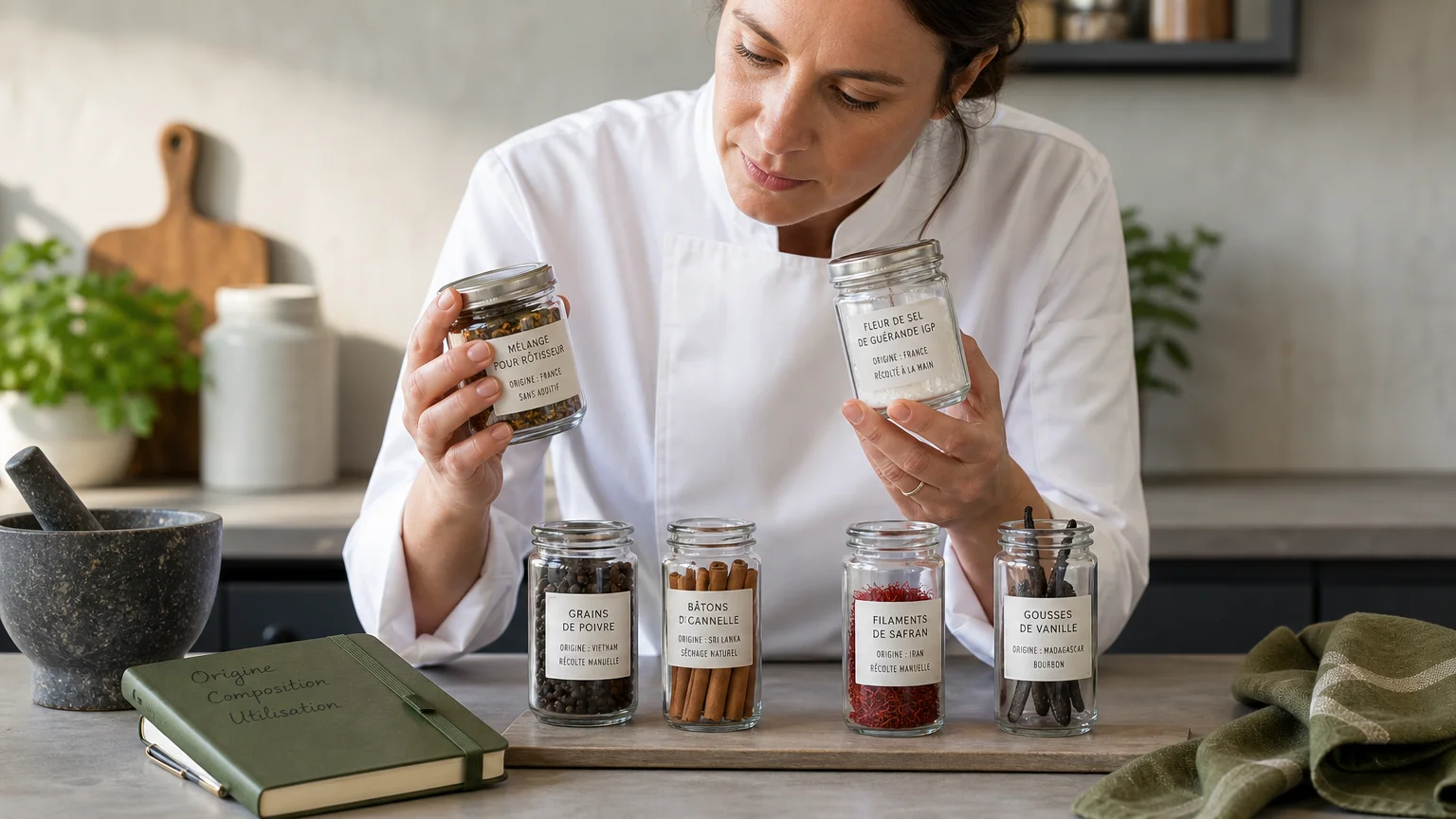 Cuisinière examinant l’origine et la composition de plusieurs épices