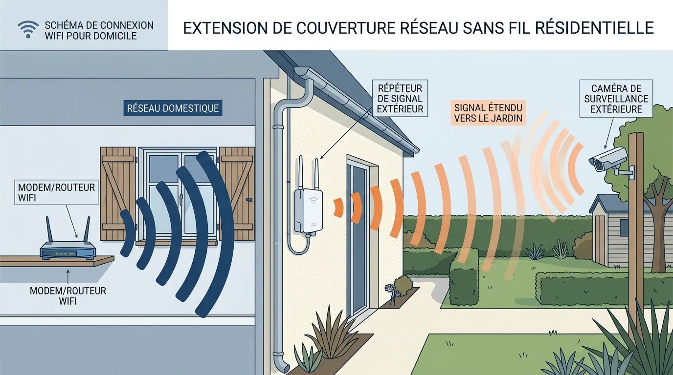 Schéma d'un amplificateur WiFi extérieur reliant la box à une caméra de jardin