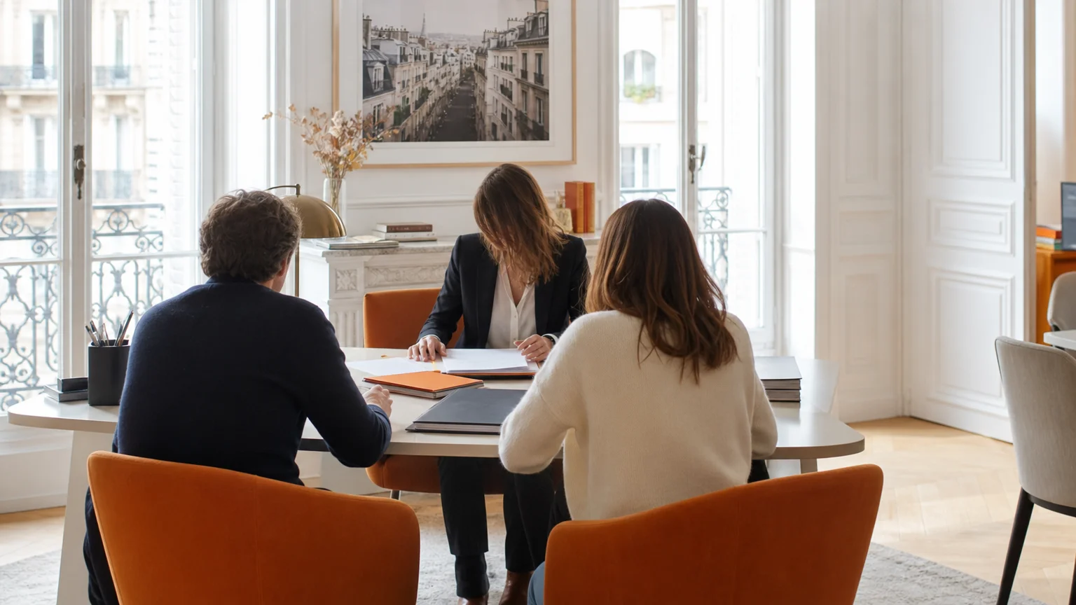 Échange familial apaisé dans un bureau juridique lumineux, avec des personnes vues de dos autour de documents.