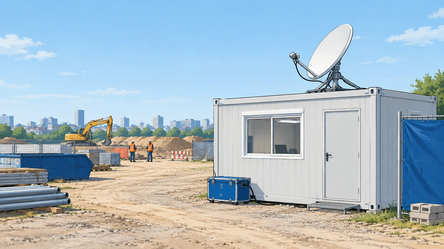 Terminal satellite installé près d’un bungalow de chantier temporaire