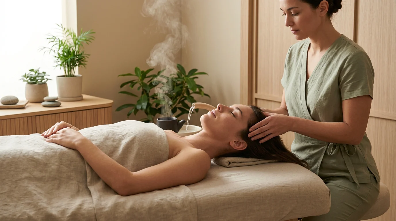 Praticienne réalisant un soin Head Spa japonais sur le cuir chevelu d'une cliente détendue