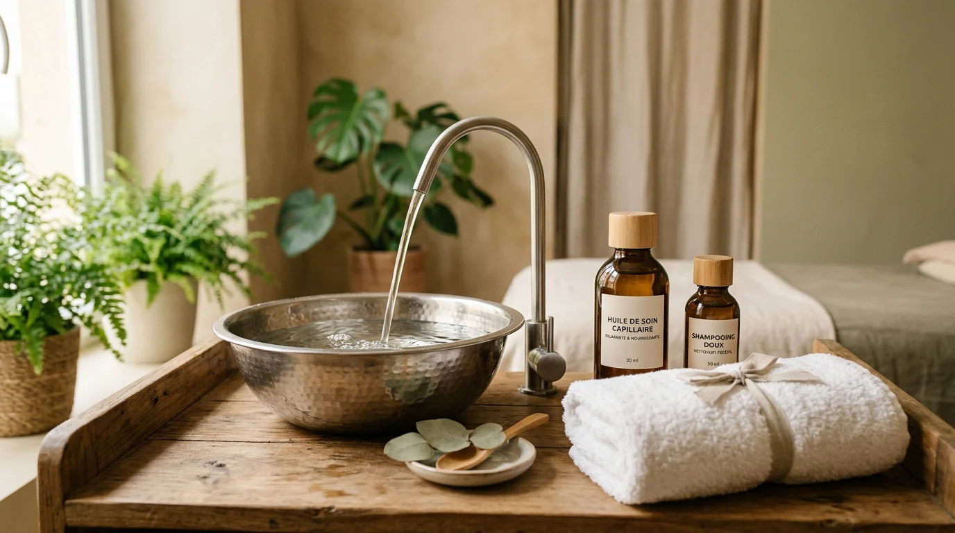 Matériel et produits professionnels pour un soin Head Spa disposés sur une surface en lin