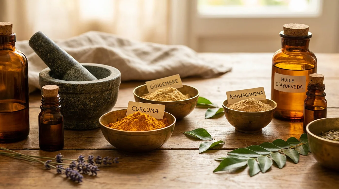 Éléments traditionnels de l'Ayurveda : épices, herbes et huiles essentielles disposés sur une table en bois