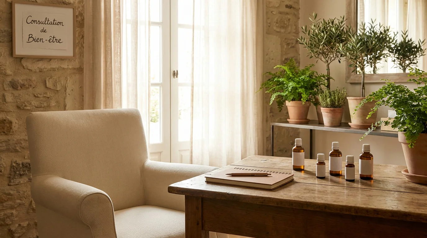 Cabinet de consultation d'un thérapeute holistique en France avec huiles aromatiques et ambiance apaisante