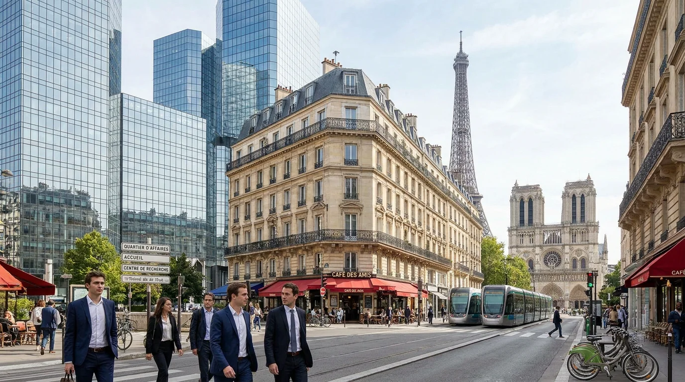 Quartier d'affaires parisien avec de jeunes professionnels se rendant à leur stage