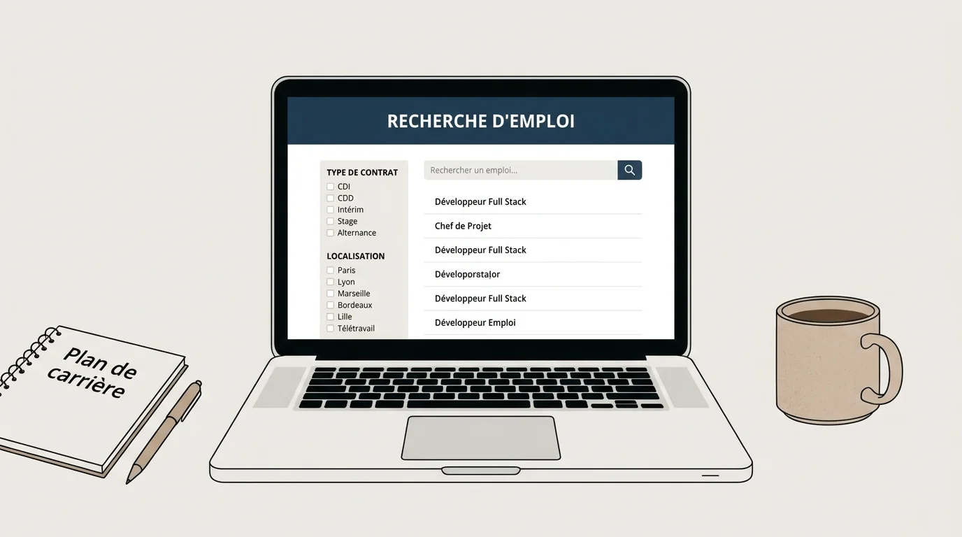 Écran d'ordinateur affichant une recherche de stage avec filtres de localisation