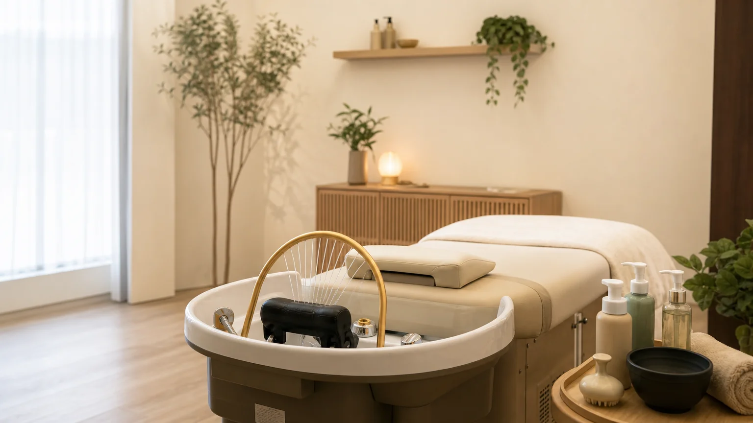 Espace professionnel équipé pour comparer un Head Spa et un soin du cuir chevelu classique