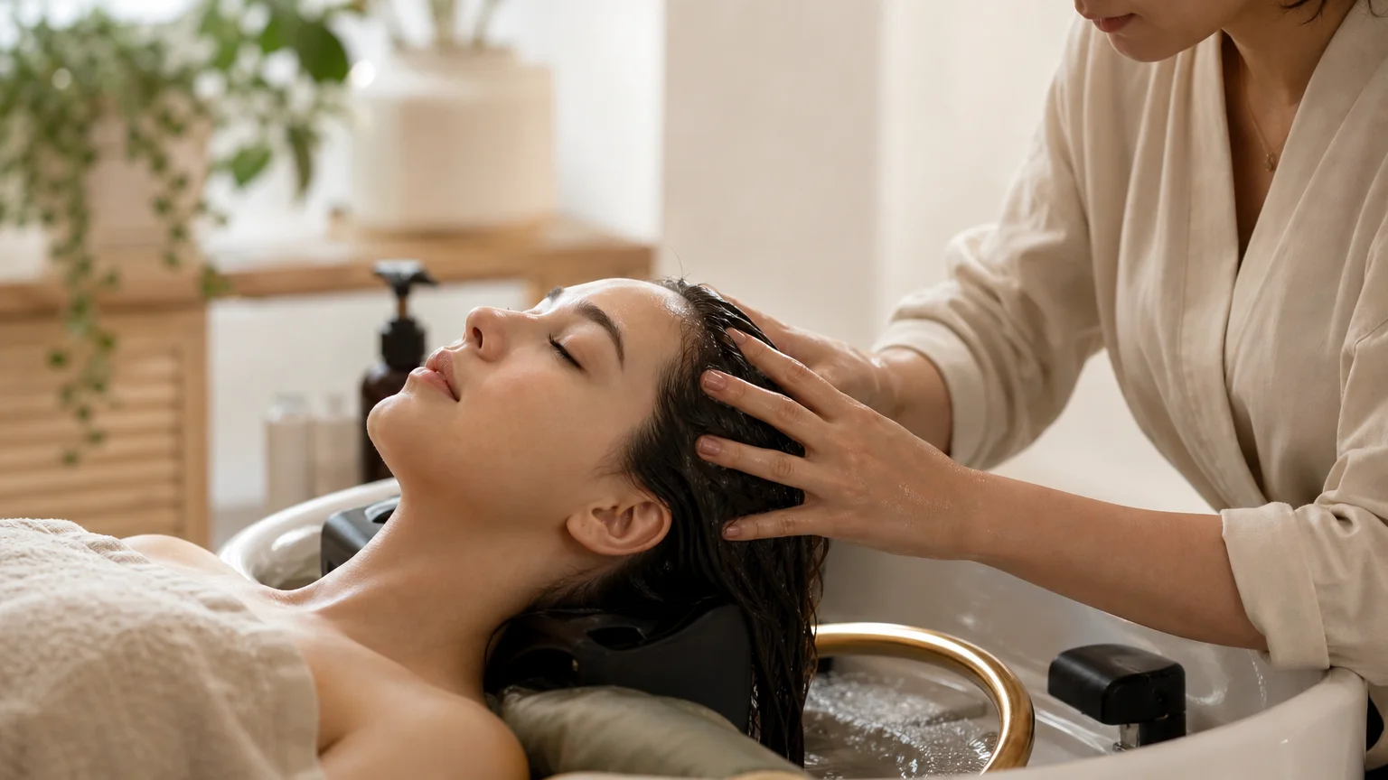 Gros plan sur un massage du cuir chevelu pendant un soin Head Spa dans un espace professionnel