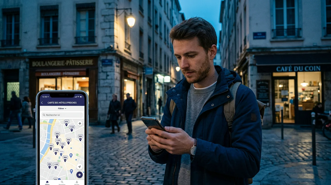 Voyageur cherchant un hôtel ouvert à proximité sur son téléphone