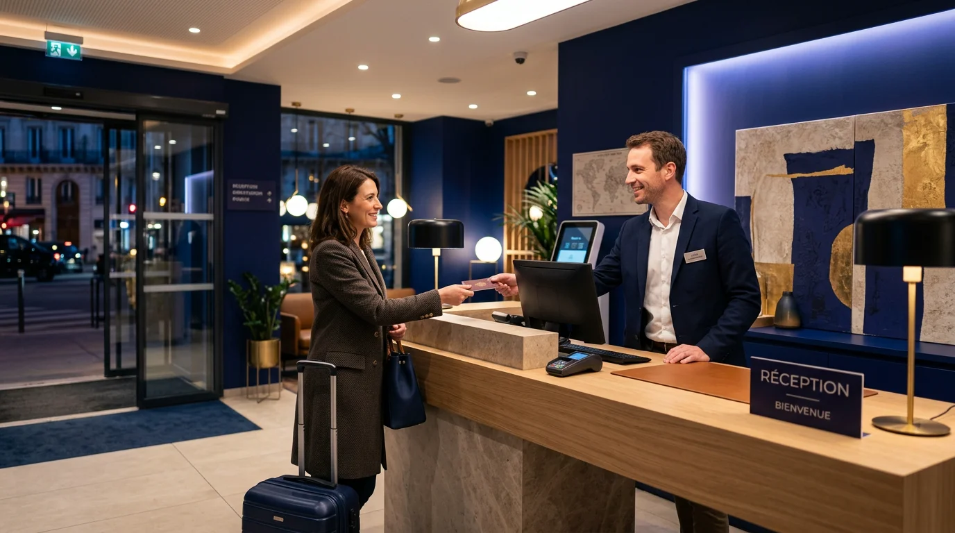 Réception d'hôtel ouverte en soirée pour une arrivée tardive