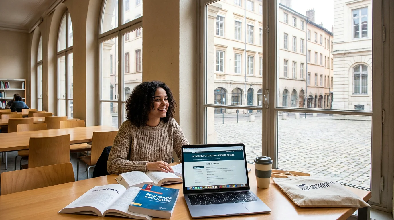 Étudiant recherchant un job sur son ordinateur dans une bibliothèque universitaire en France