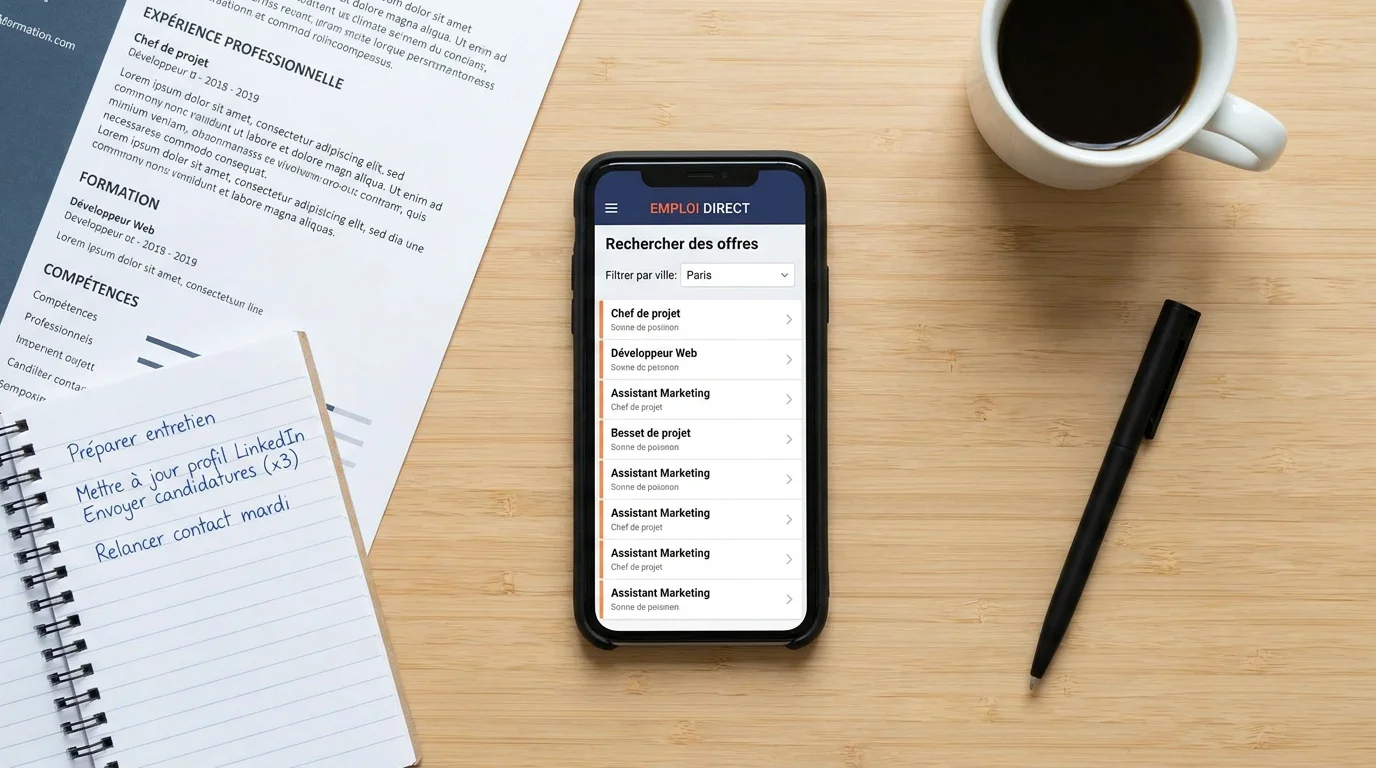 Vue du dessus d'un bureau avec smartphone, CV et carnet de notes pour la recherche d'un job étudiant