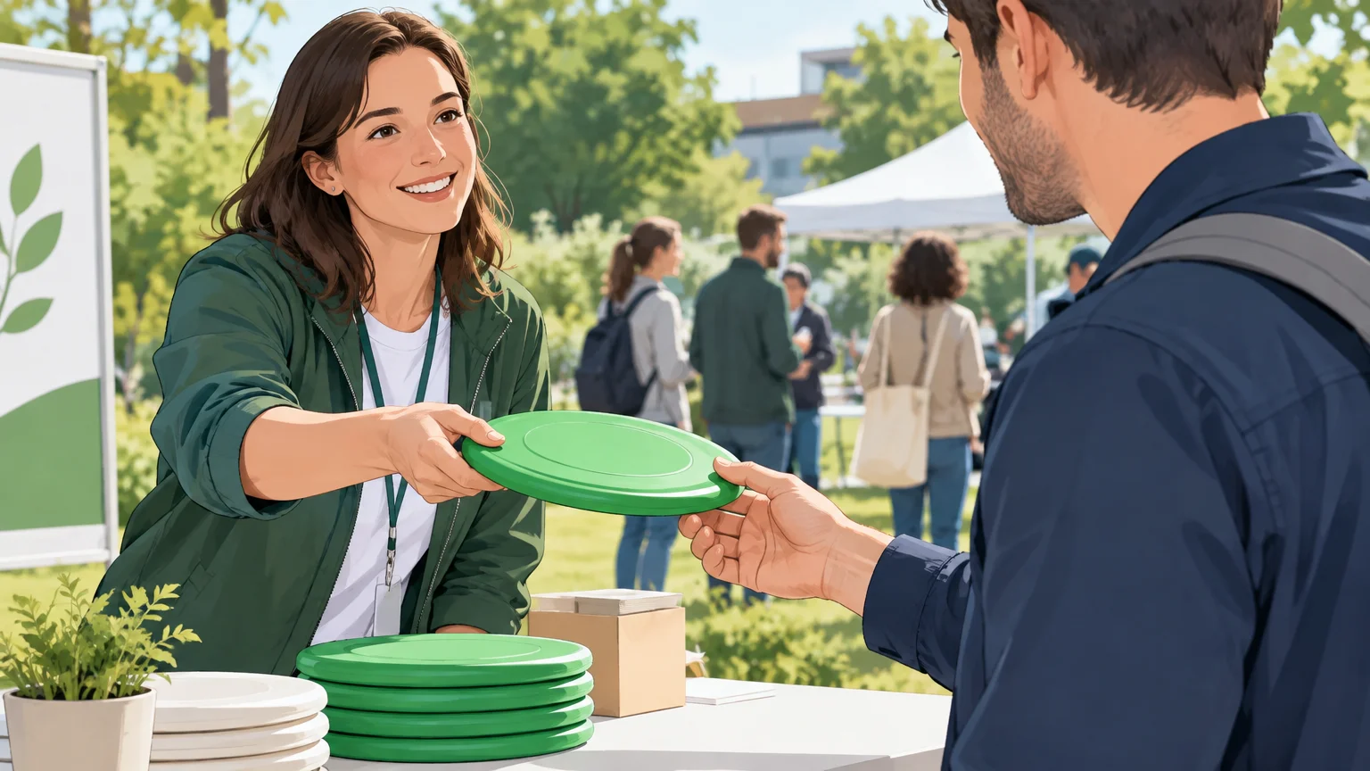 Remise d’un frisbee sans logo lors d’une journée portes ouvertes