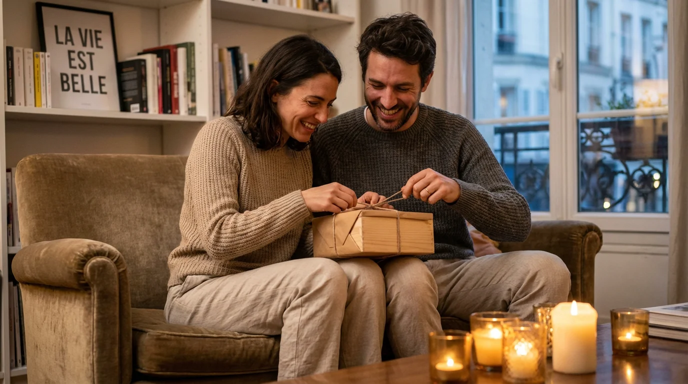 Couple européen déballant un cadeau personnalisé sur un canapé dans une ambiance chaleureuse
