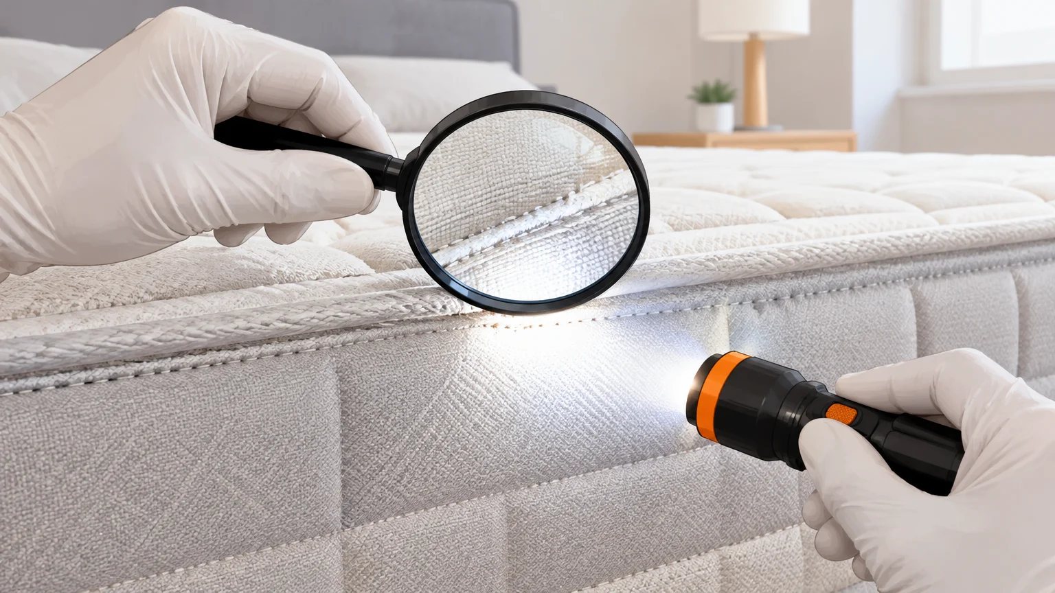 Inspection à la loupe d’une couture de matelas pour vérifier des indices