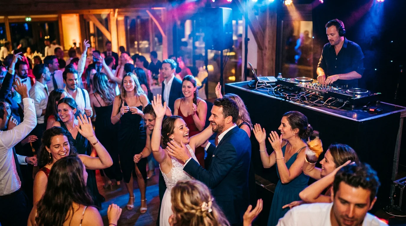 DJ animant une piste de danse dynamique lors d'une soirée de mariage