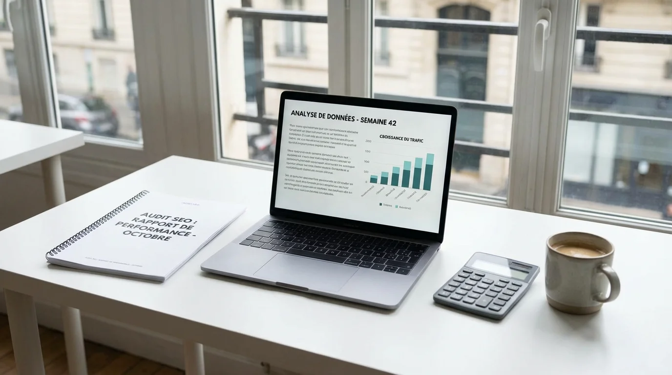Bureau professionnel avec ordinateur portable affichant des graphiques d'analyse SEO et documents d'audit
