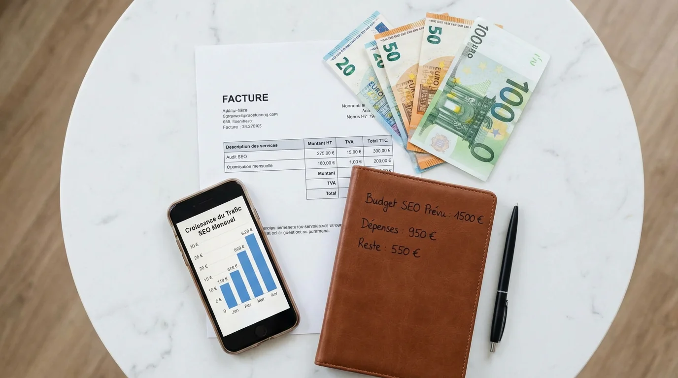 Vue à plat d'éléments de planification budgétaire SEO avec facture en euros et graphiques