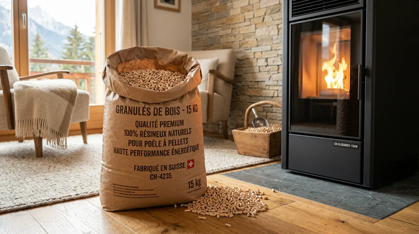 Sac de granulés de bois de 15 kg ouvert devant un poêle à pellets