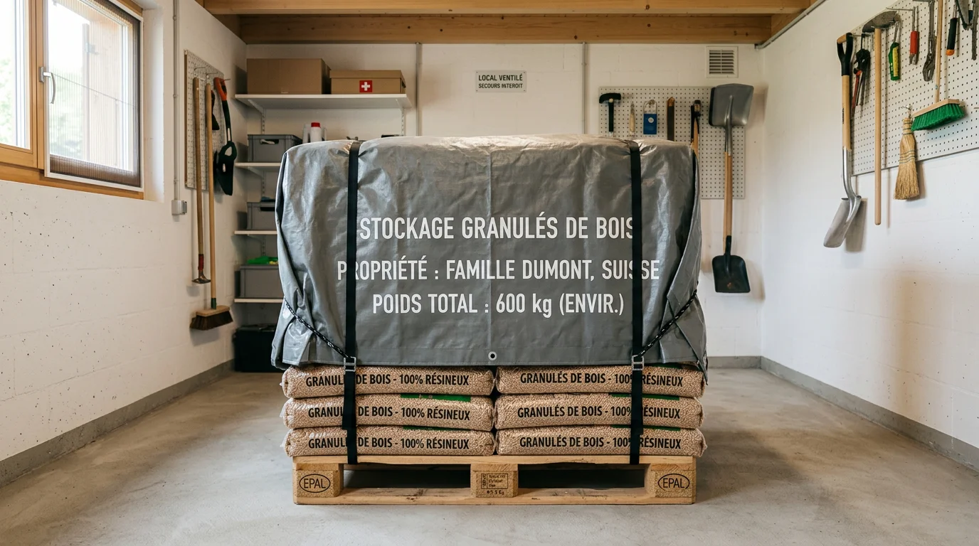 Palette de sacs de pellets stockée à l'abri dans un local sec